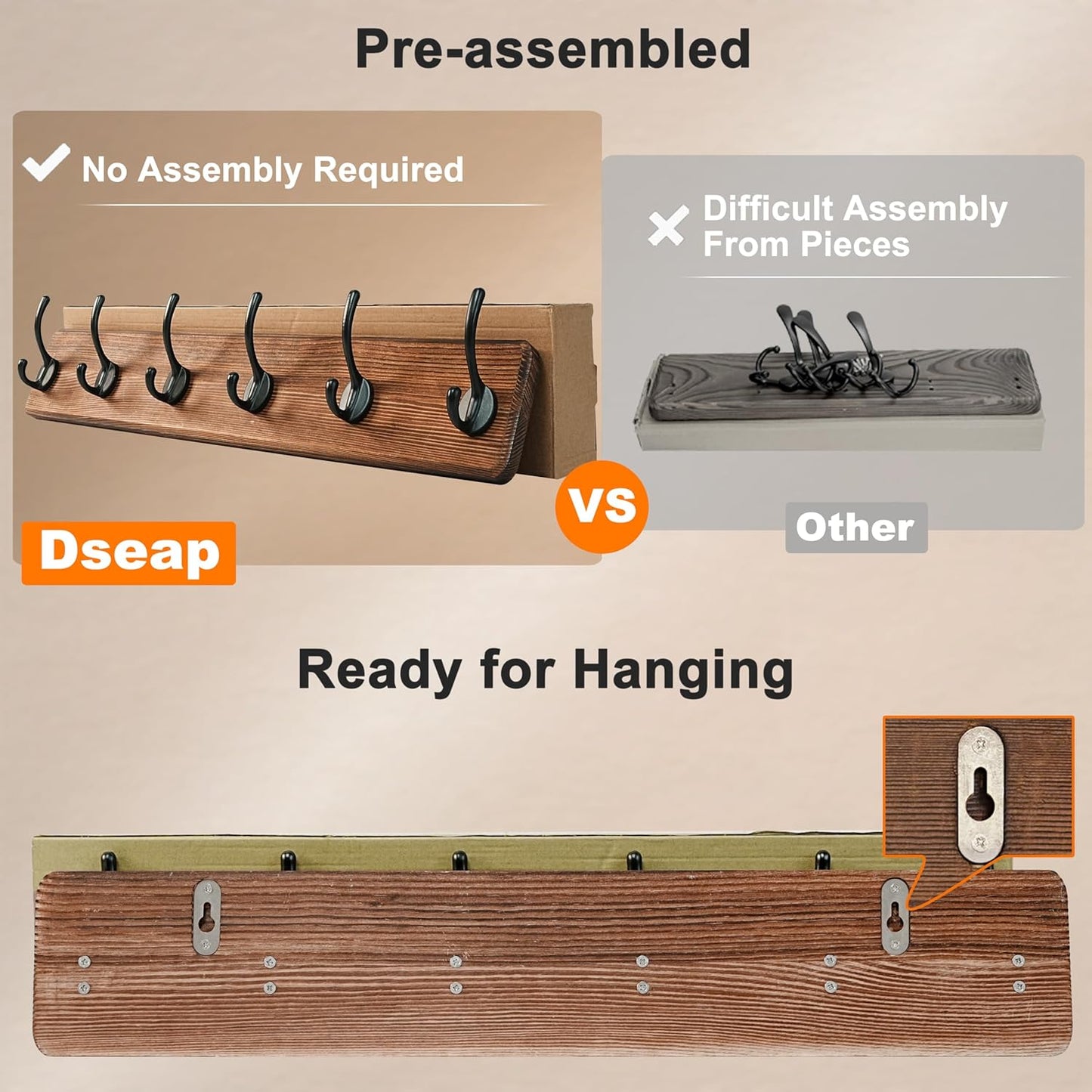 Dseap Wall Mounted Coat Rack: 38-1/4" Long, Patented, Heavy-Duty, 10-Double-Hooks Wooden Hanger Rail for Winter Coats, Hats, Jackets, Clothing - Black, Pack of 2