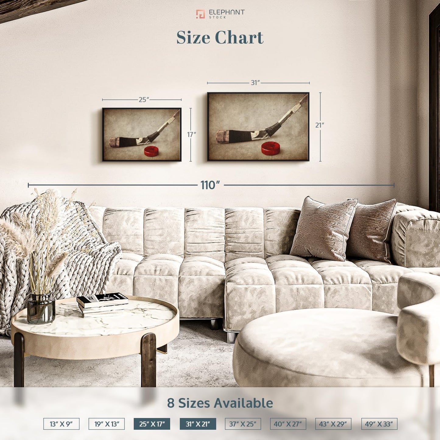 Elephant Stock Vintage Ice Hockey Wall Art - Horizontal Framed Canvas - 1-Piece Hallway Wall Decor - Photography Sports Canvas Print - Brown and Beige Decor for Wall - 31" X 21"