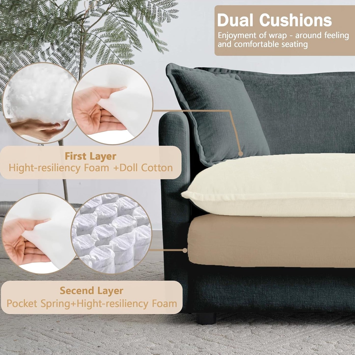 Sectional Sofa 3 Seater with Movable 2 Ottomans,Oversized Modular Couch Deep Seat (Grey, 111.5 inch-U)