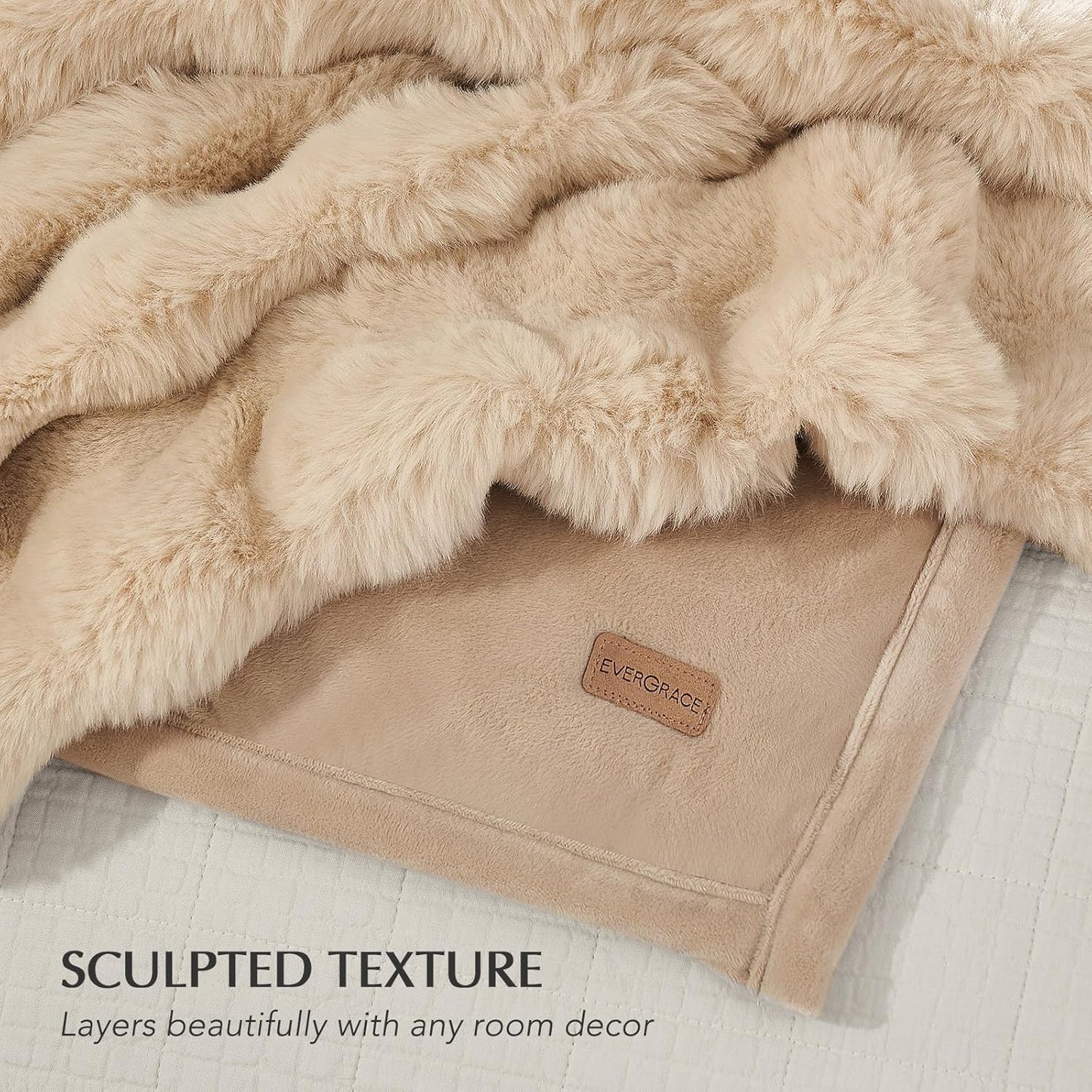 EVERGRACE Ultra Soft Luxury Fluffy Ridgeline Faux Rabbit Fur Throw Blanket, Thick Warm Bubble Throw for Bed, Cozy Plush Reversible Blankets for Couch, Chair, Sofa, Cream, 80x90 Inches, 870 GSM
