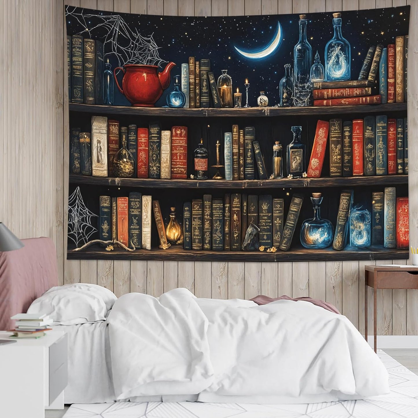 LB Fantasy Bookshelf Tapestry, Horror Spider and Vintage Book with Moon Wall Tapestry for Bedroom Aesthetic, Trippy Galaxy Wall Art for Living Room Dorm Home Decor Ready to Hanging, 92.5 x 70.9 Inches