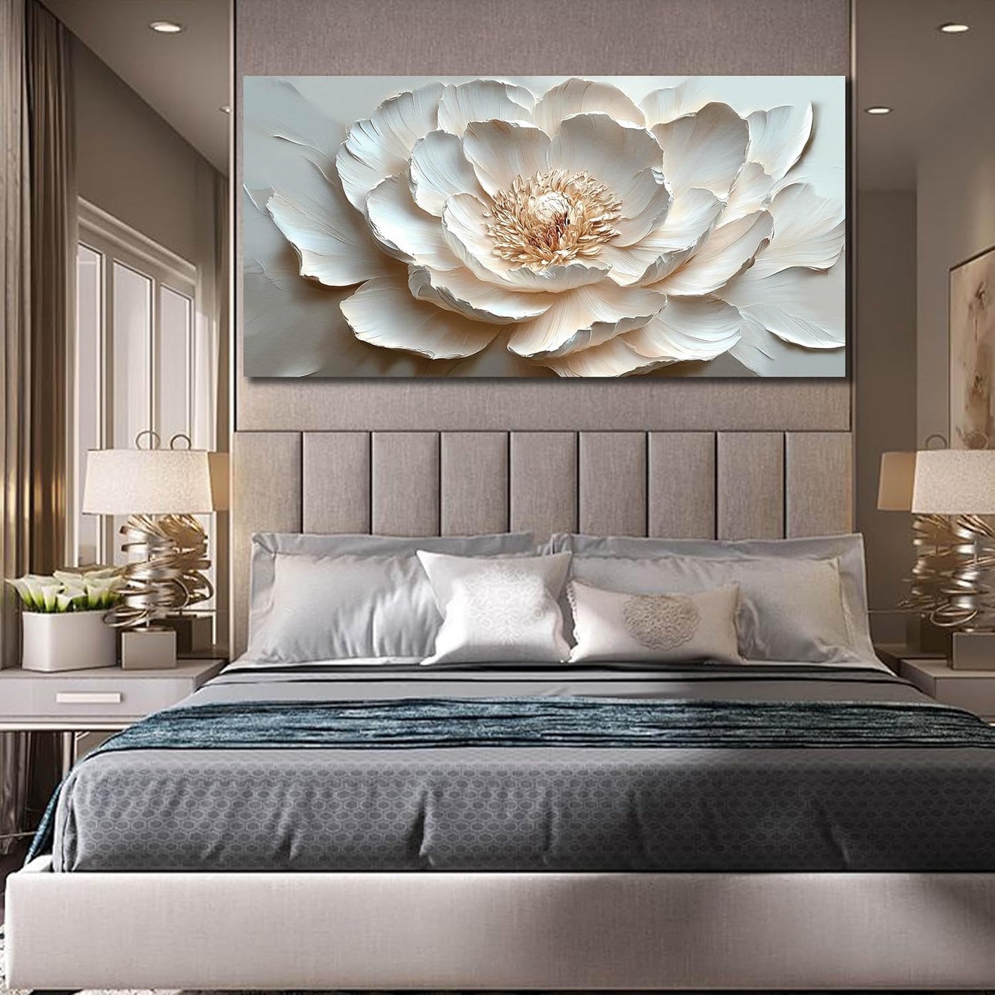 White Flower Wall Art for Living Room - Large Modern Wall Art Bedroom - Floral Bedroom Wall Decor for Teen Girls Size 29" x 59"