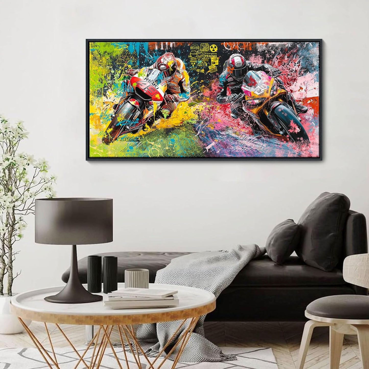 JEAWA Framed Canvas Wall Art - 24x48 In Large Abstract Painting Decor, Motorcycle Racing Color Graffiti Pictures, Modern Art Prints for Bedroom Living Room Bathroom Home Decoration