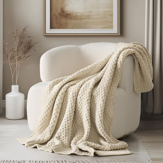 Chunky Chenille Knit Throw Blanket for Couch, Soft Luxurious Moss Stitch Blankets for Bed, Cozy Decorative Farmhouse Knitted Throws for Sofa, Beige, 60" x 80"