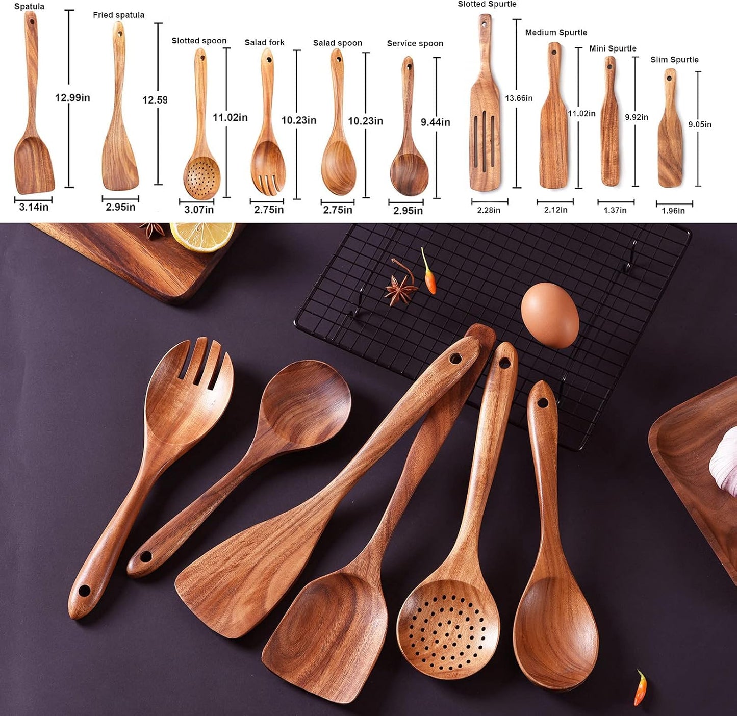Wooden Spoons for Cooking,GUDAMAYE 10 PCS Wooden Kitchen Utensils Set,Wooden Cooking Utensils For Non-stick Pan,Teak Wood Utensils Set,Spurtles Kitchen Tools As Seen On Tv