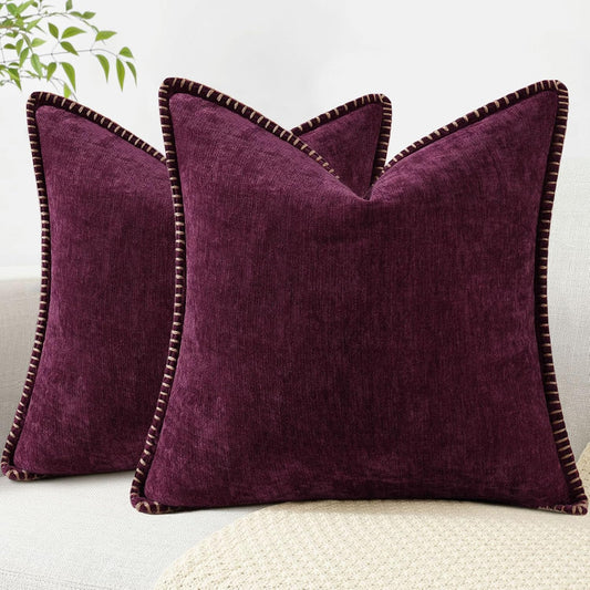 decorUhome Chenille Soft Throw Pillow Covers 20x20 Set of 2, Farmhouse Velvet Neutral Decorative Euro Pillow Covers with Stitched Edge for Couch Sofa Bed Home Decor, Rhododendron
