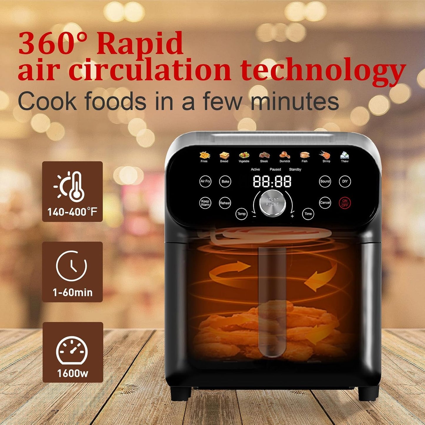 Air Fryer, 6QT Air Fryer Oven with LED Digital Touchscreen, 12 Preset Cooking Functions Air fryers,Roast, Warm-Up, Stay Warm, Stick-Free & Dishwasher-Friendly Basket, Stainless Steel/Black