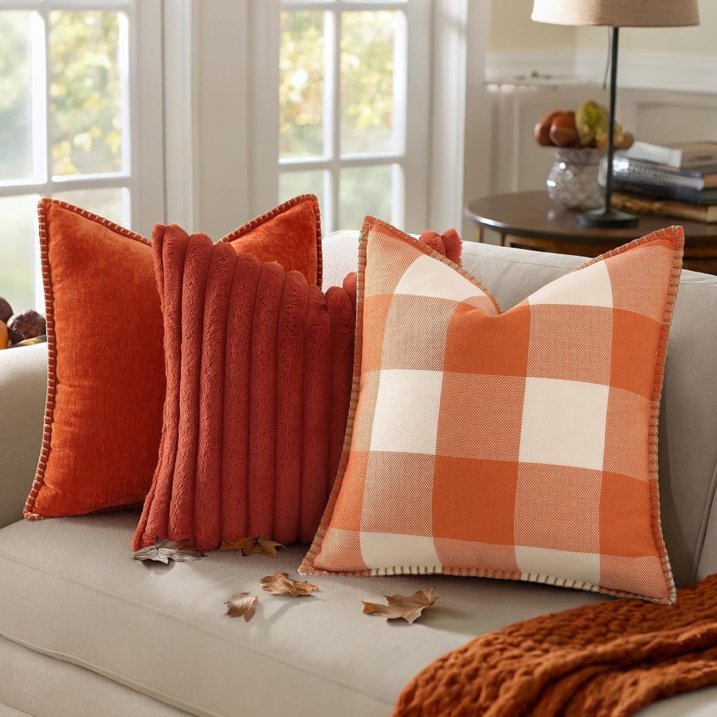 decorUhome Fall Orange and White Decorative Throw Pillow Covers 18x18 Set of 2, Buffalo Plaid Check Farmhouse Cushion Covers with Stitched Edge for Autumn Harvest Couch Sofa Bed Home Decor