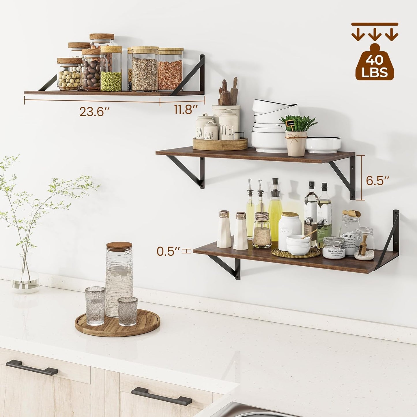 Heimlove 24" W x 12" D Wall Shelves for Books, 12 Inch Deep Floating Shelves Set of 3, Wide Floating Bookshelf with Metal Bracket for Living Room, Kitchen, Office, Bedroom and Decor Storage - Walnut