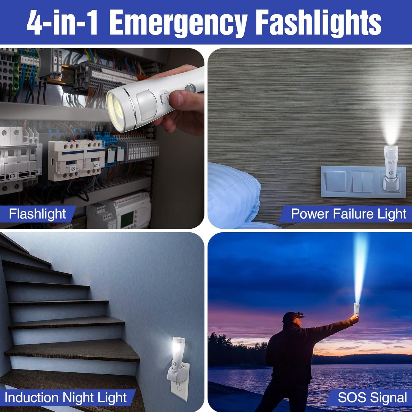 Enhon 4 in 1 LED Emergency Lights for Home Power Failure, 4 Pack Rechargeable Plug in Flashlight Motion Sensor Night Light, Automatic Turn On Power Outage Light for Home Hurricane Supplies(White)