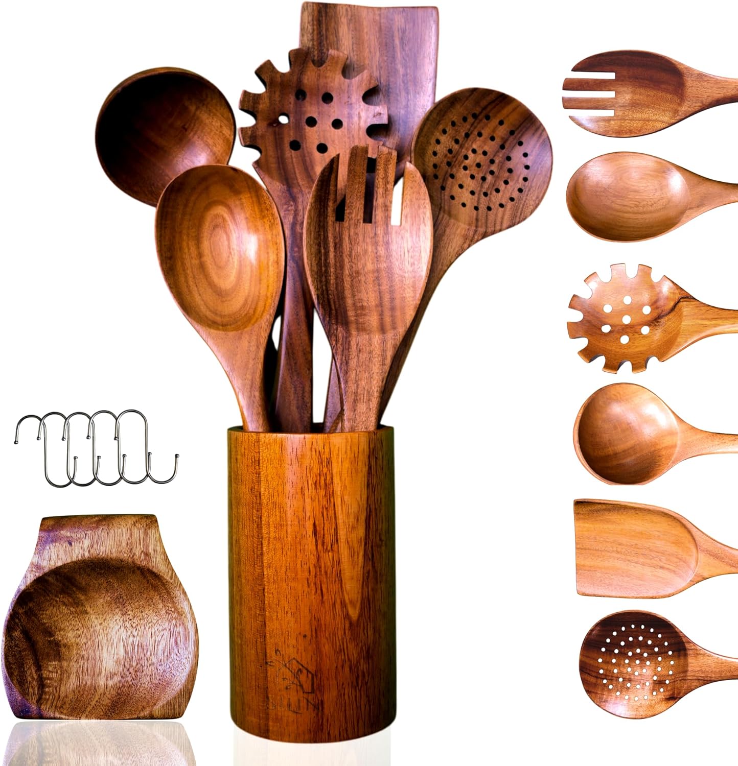 Wooden Spoons for Cooking - 8 Piece Natural Teak Kitchen Utensil Set Non Toxic - Teak Wooden Utensils with Spoon Rest and Holder