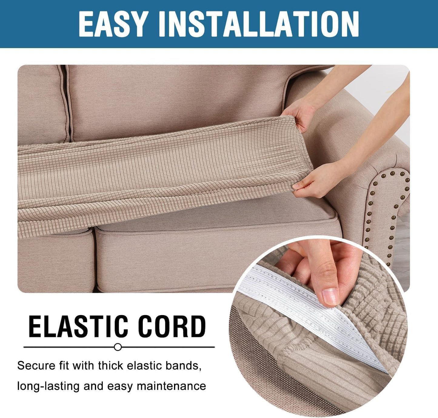 H.VERSAILTEX Super Stretch Individual Seat Cushion Covers Sofa Covers Couch Cushion Cover Slipcover Sets Thick Jacquard Textured Twill Fabric (3 Piece XL Sofa Cushion Covers, Sand)