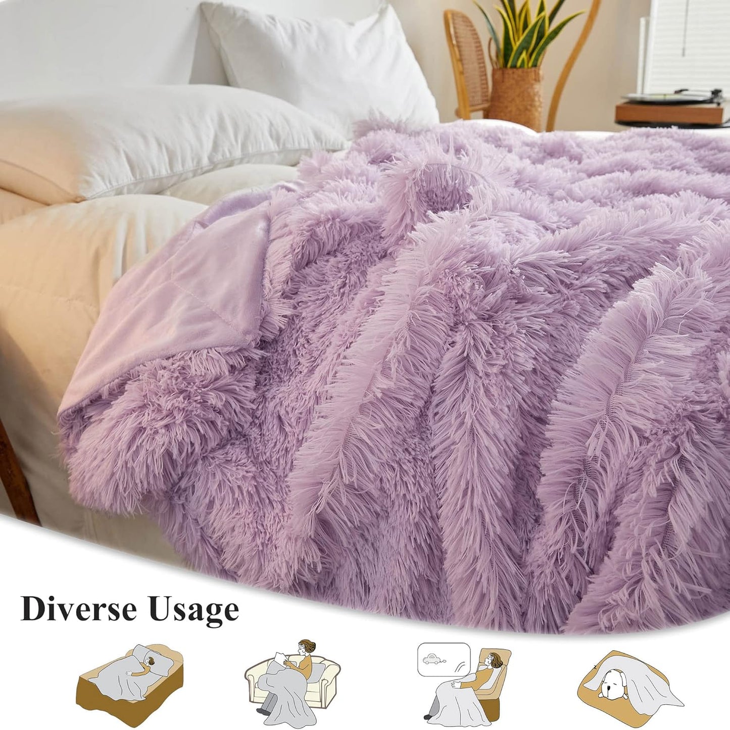 XeGe Luxury Faux Fur Throw, Light Purple Soft 50x60 Fluffy Blanket, Shaggy Plush Decorative Couch Throw, Cute Furry Fuzzy Office Lap Blanket for Bedroom Living Room Lavender