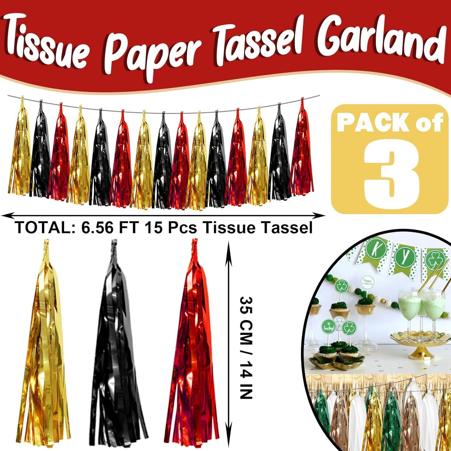 3P Black-Red Gold Foil Fringe Metallic Tassel Garland, Tassels Banner Streamers for Parade Floats, Bachelorette, Wedding, Birthday, Halloween, Christmas, Bridal/Baby Shower Party Decorations