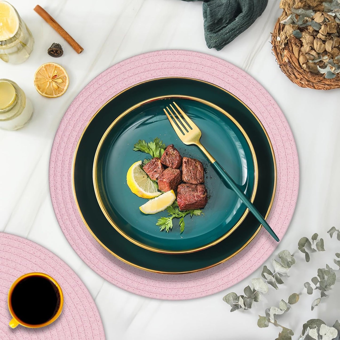 Round Placemats Set of 6, Cotton Rope Woven Table Mats, Hot Pads for Kitchen, Non Slip Heat Resistant Place Mats, 13 Inches Braided Placemat for Farmhouse Decor and Kitchen Table Decor (Pink)