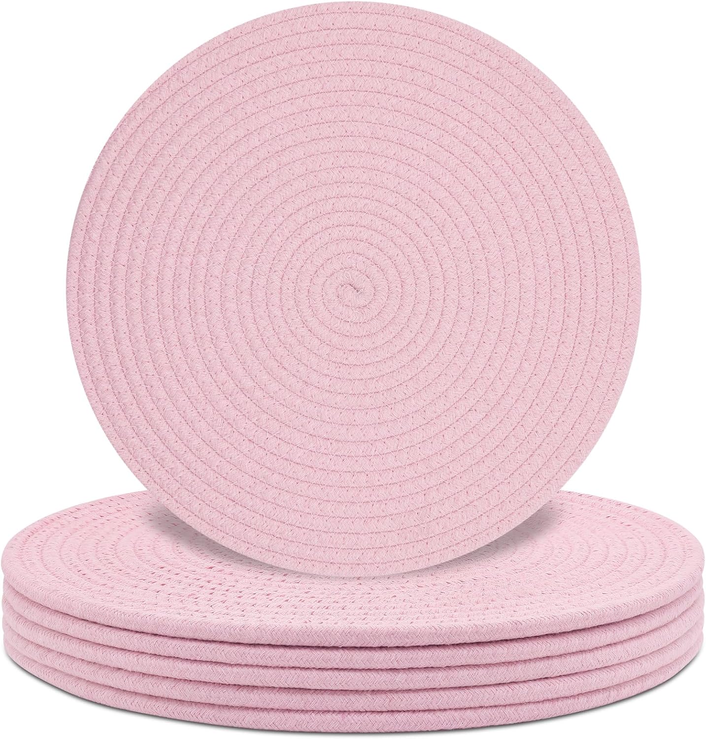 Round Placemats Set of 6, Cotton Rope Woven Table Mats, Hot Pads for Kitchen, Non Slip Heat Resistant Place Mats, 13 Inches Braided Placemat for Farmhouse Decor and Kitchen Table Decor (Pink)