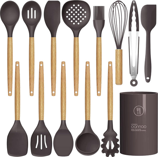 Silicone Cooking Utensils Set - 446°F Heat Resistant Silicone Kitchen Utensils for Cooking,Kitchen Utensil Spatula Set w Wooden Handles and Holder for Non-Stick Cookware, BPA FREE (Coffee)