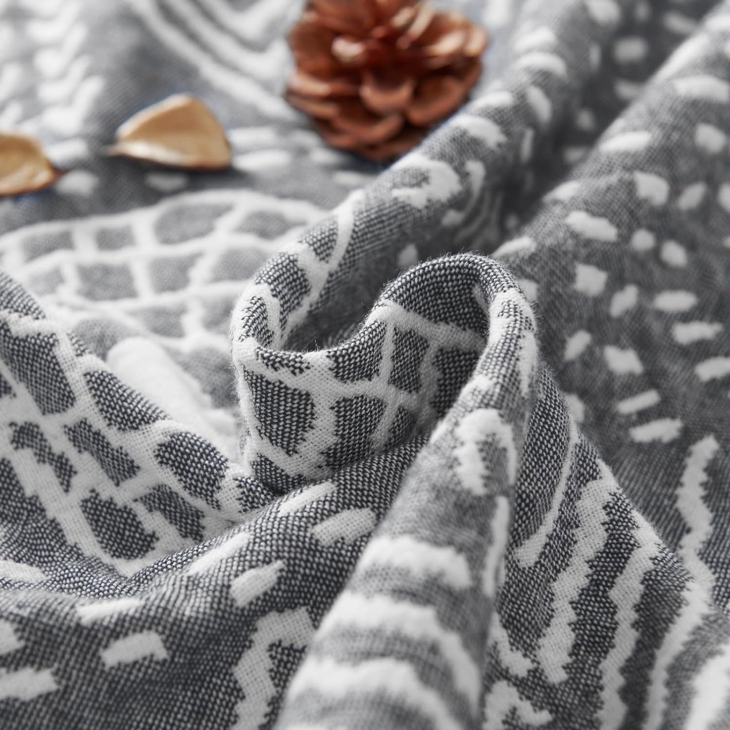 jinchan Boho 100% Cotton Muslin 50x60 Throw Blanket Lightweight 3 Layer Grey Blanket Washable Reversible Breathable Decorative Geometric Striped Patterned Gray Soft Cozy for Sofa Bed All Season Gift