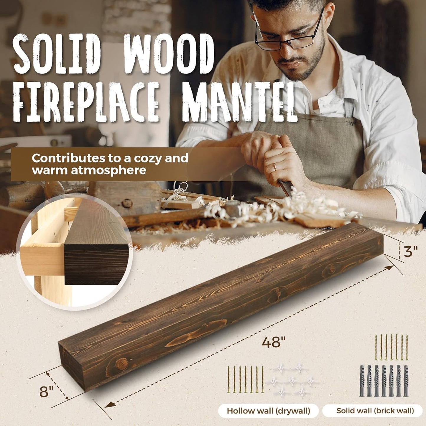 48x8x3 Fireplace Mantel - Handcrafted Hollow Rustic Solid Wood Wall Mounted Floating Shelf with Invisible Heavy Duty Wood Bracket (Weathered Brown)