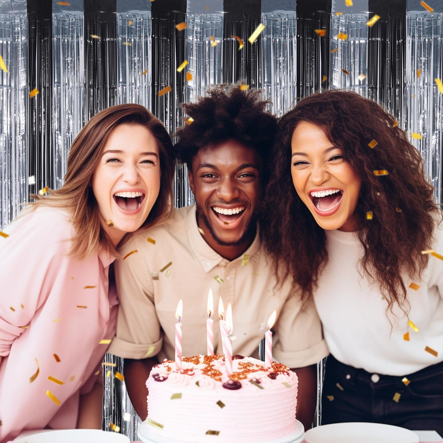 3 Pack Foil Fringe Backdrop - Black&Silver Shiny Tinsel Curtains for Party Decoration/Photo Booth Props - 3.3x8.2 FT Metallic Foil Backdrop for Birthday, Wedding, Graduation, Christmas.