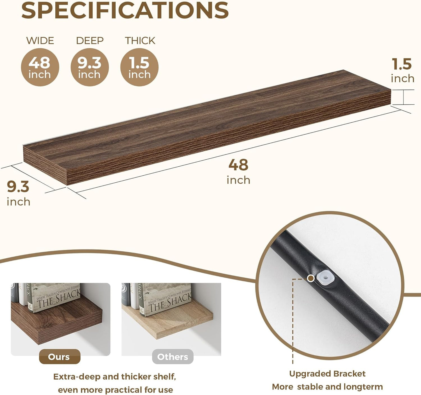Dreamland 48 Inches Floating Shelves for Wall, 9.3" Deep Long Floating Shelves Set of 1, Large Display & Storage Shelf, Wall Shelf for Bathroom Bedroom Living Room Kitchen Office, Walnut