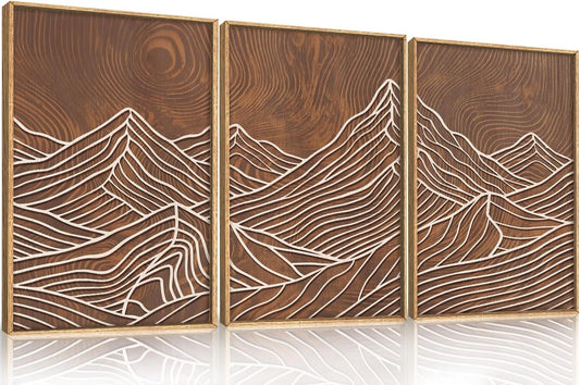 HPINUB Line Style Mountain Framed Canvas Wall Art Set, Vintage Tree Rings Wall Decor, Abstract Tree Spiral Wall Painting, Modern Nature Art Prints for Living Room,Bedroom,Farmhouse-16 x24 x3