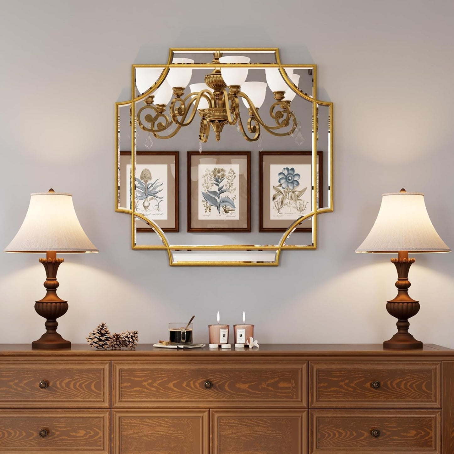 Kelly Miller Gold Framed Mirror for Wall, 26"x26" Gold Square Wall Mirror Vanity Mirror Decorative Mirror Beveled Wall Decor for Bathroom Powder Room Living Room Bedroom Bedside Table Entryway Hallway