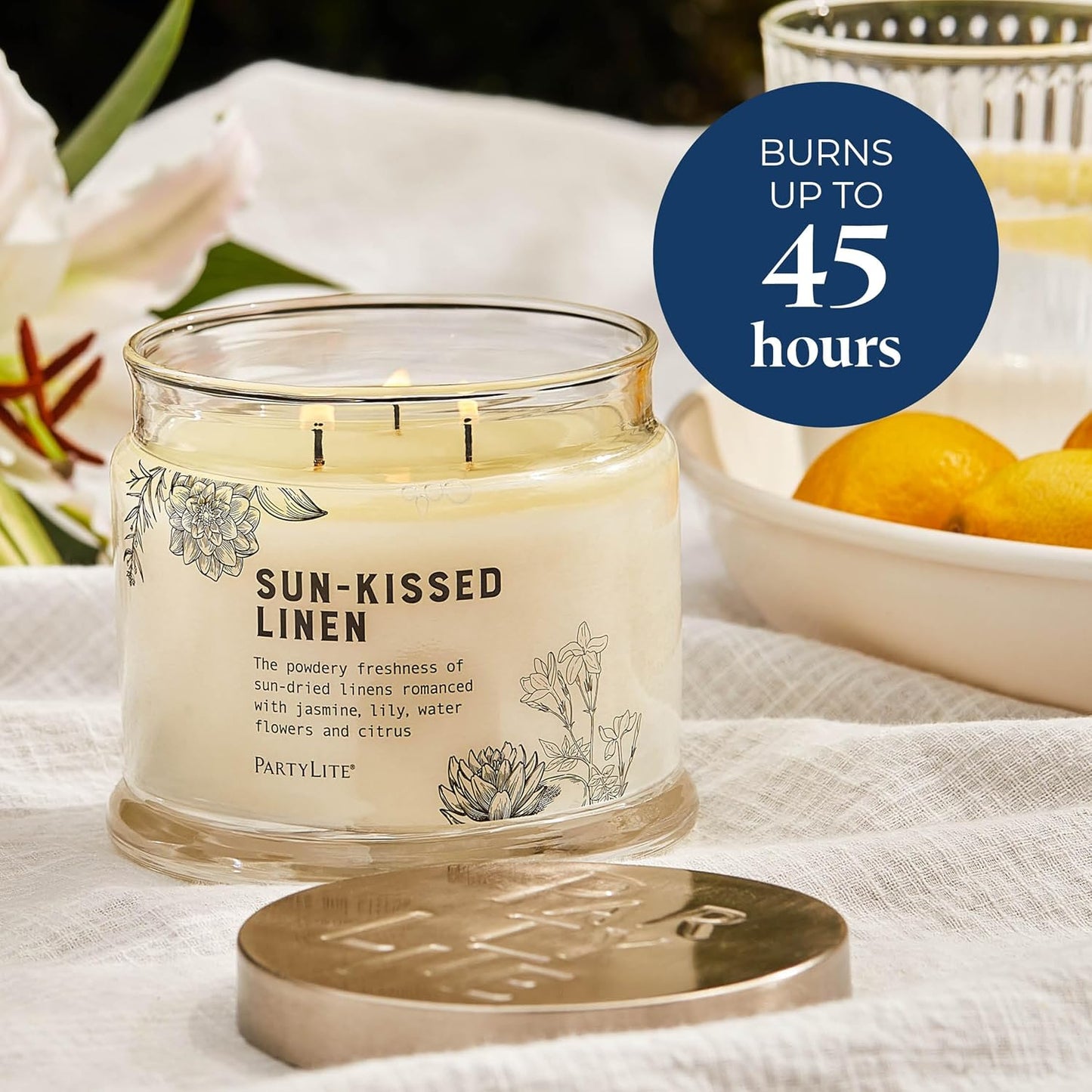 PartyLite Sun-Kissed Linen Scented, Notes of Jasmine Musk, Lily & Citrus, 13.2oz 3-Wick Jar Candle, 45 Hour Burn Time, Luxurious Fragrance, Ideal for Gifting