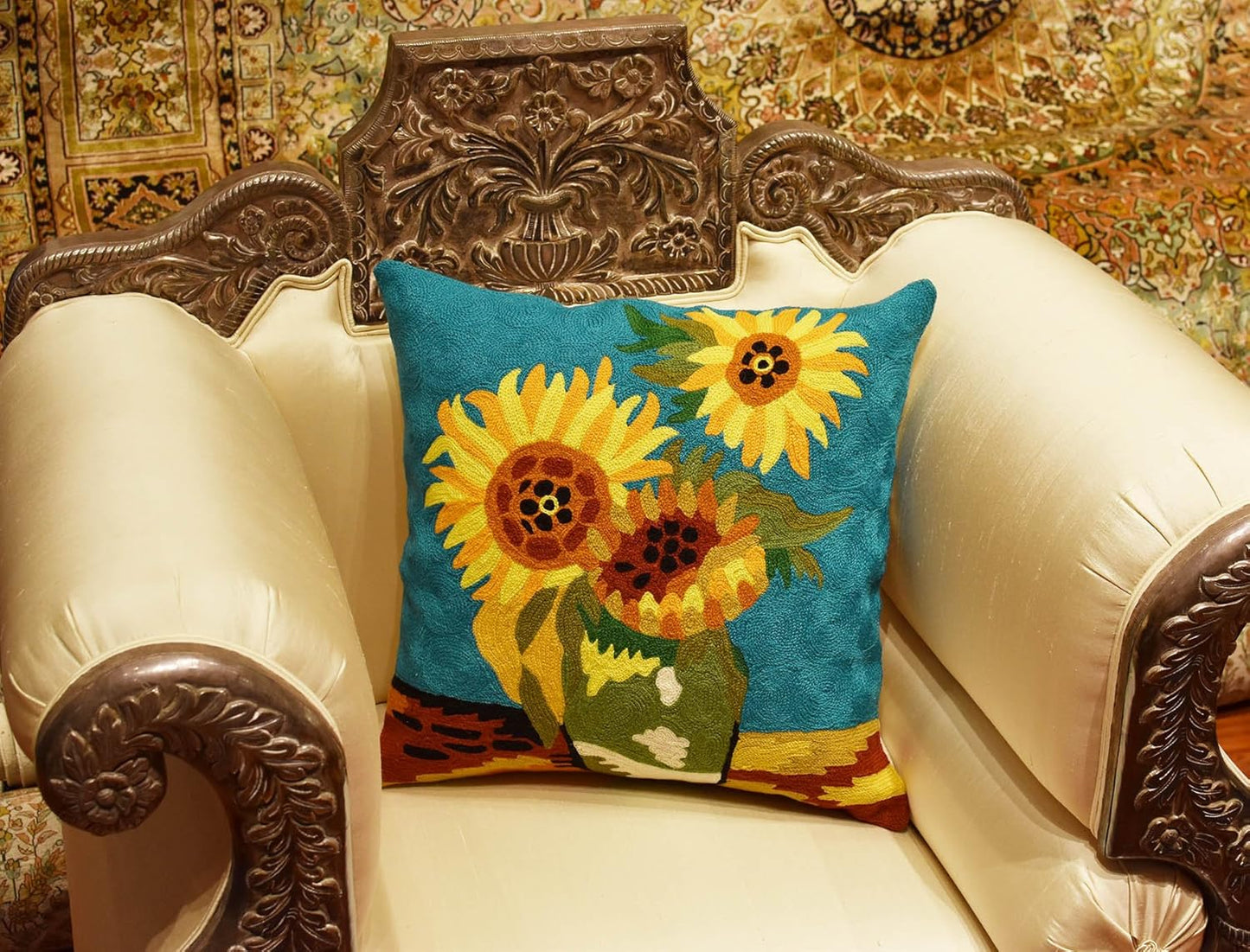 Turquoise Van Gogh Sunflower Pillow Cover Teal Floral Sofa Pillowcase Flower Chair Cushion Accent Throw Flowery Outdoor Pillows Farmhouse Couch Handmade Wool Size 18x18