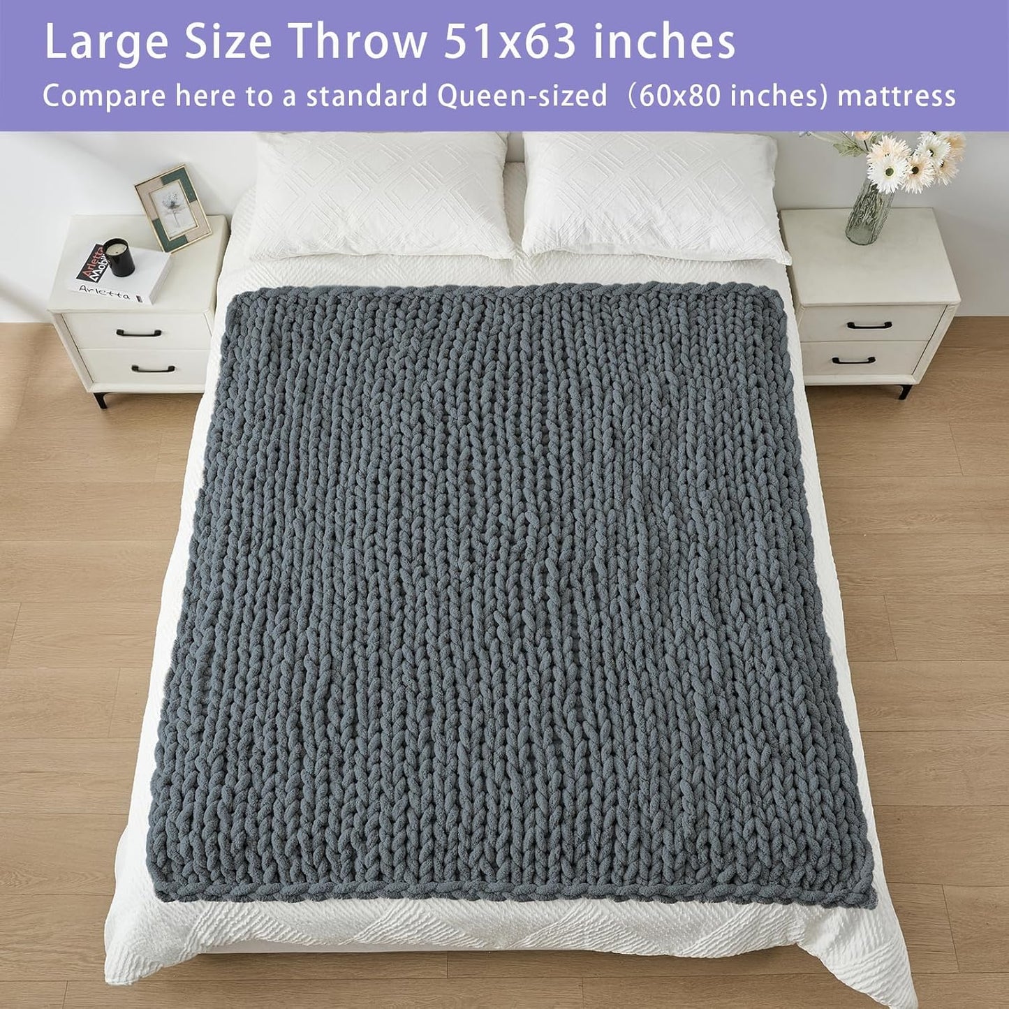 Bigacogo Chunky Knit Throw Blanket for Couch, 51x63 inches, 100% Hand Knitted with Thick Jumbo Chenille Yarn, Cozy Soft Large Rope Knot Cable Crochet Blankets for Sofa Bed Living Room, Iron Gray