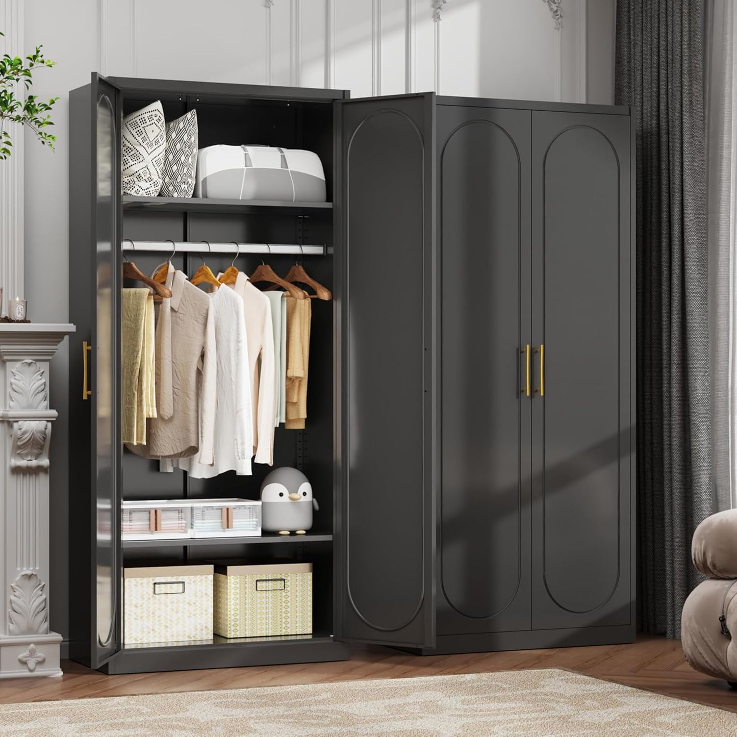 Metal Armoire Wardrobe Closet with 2 Doors, 71" Black Wardrobe Cabinet with Hanging Rod and Adjustable Shelves, Tall Clothing Storage Cabinets for Bedroom, Laundry Room, Home Office