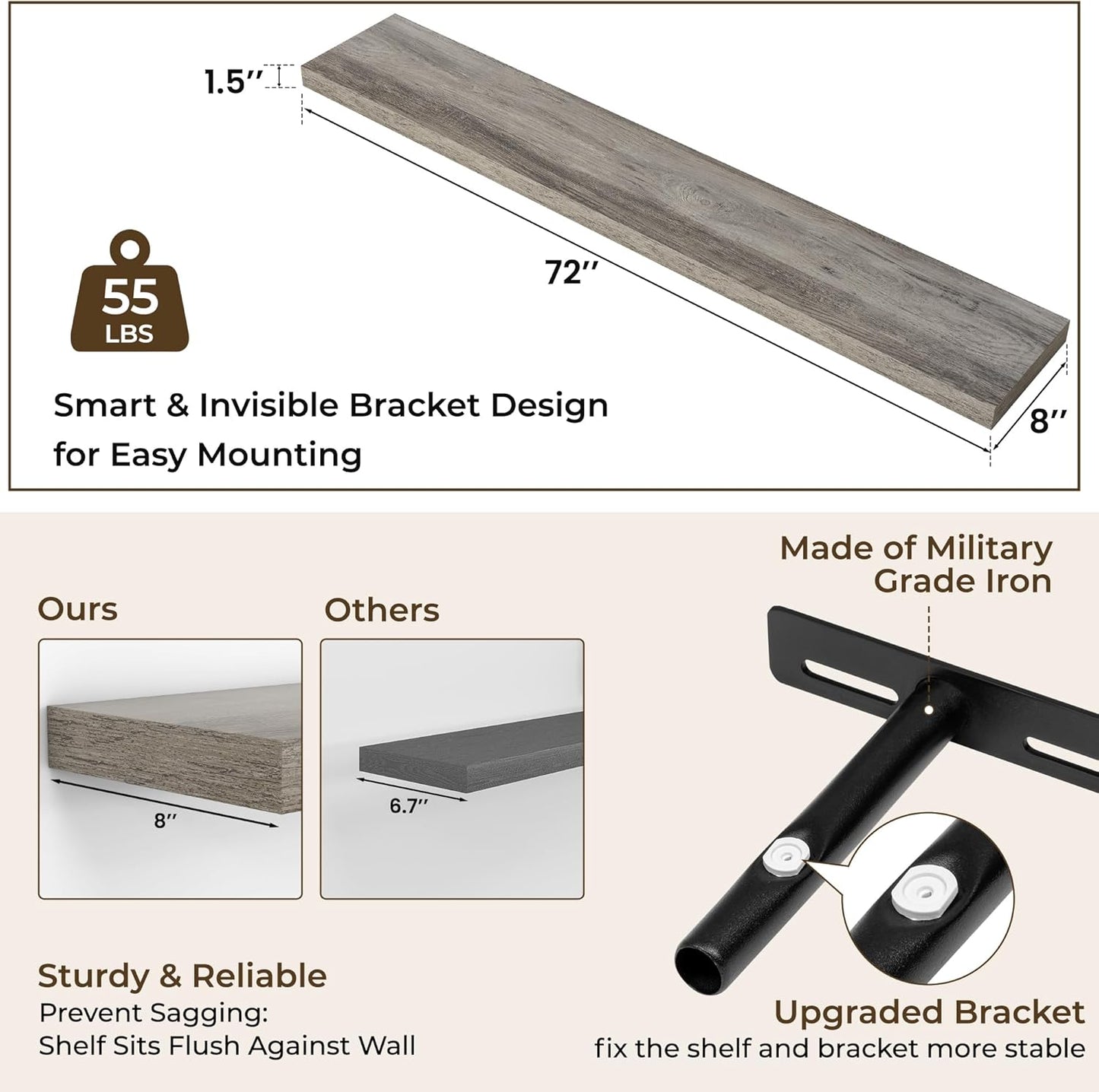 RICHFOCUS 72Inch Floating Shelves for Wall 1 Pack Shelves for Bedroom|Kitchen|Bathroom Wall Mounted Rustic Wood Floating Shelf with Invisible Brackets for Books|Storage|Decor, Grey