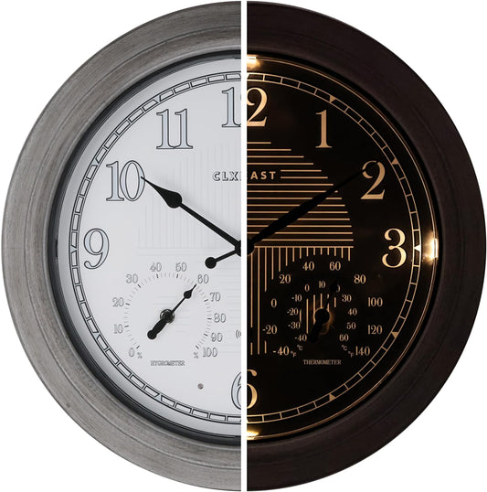 CLXEAST 18 Inch Farmhouse Illuminated Outdoor Atomic Wall Clock with Thermometer & Hygrometer Combo, Night Lighted Wall Clock with Smart Sensor, Weather Stations,Brushed Grey Oak Finish