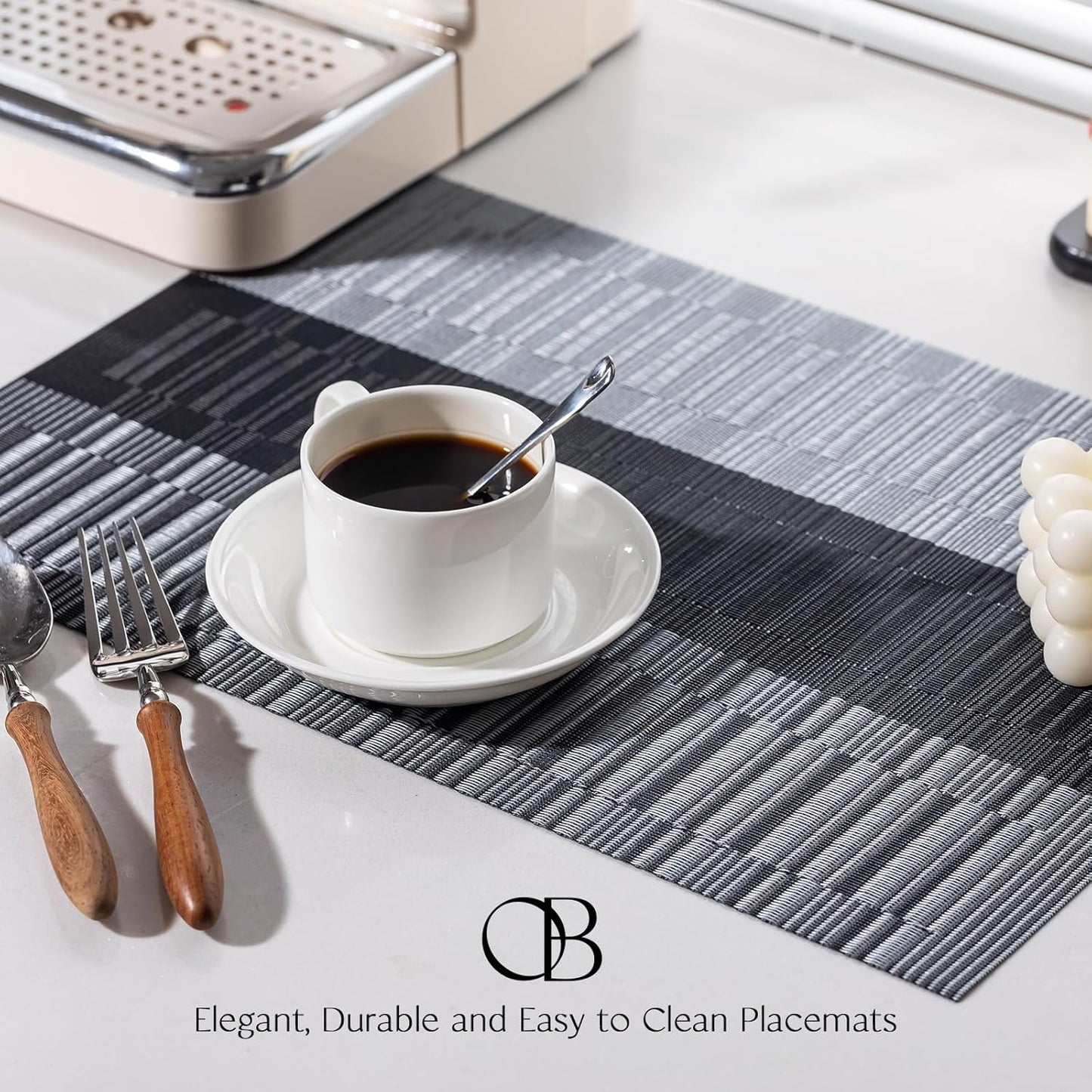 Placemats Set of 12 - Easy Clean Woven Vinyl Placemats for Dining Table, Indoor/Outdoor Place Mats, Washable PVC Table Mats （Silver Gray Black）