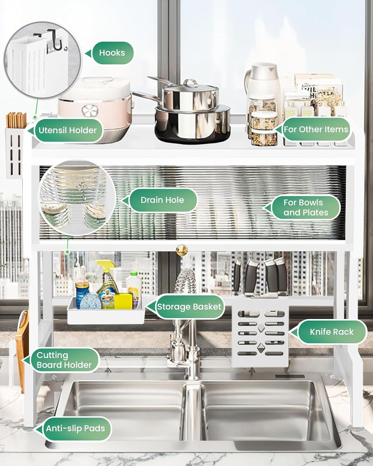 Dish Drying Rack, 3-Tier Over Sink Dish Drying Rack, 33.5" Sink Dish Rack for Small Kitchen, Space-Saving Sink Dish Rack with Cover, Baskets, Utensil, Large Kitchen Storage Organizer White