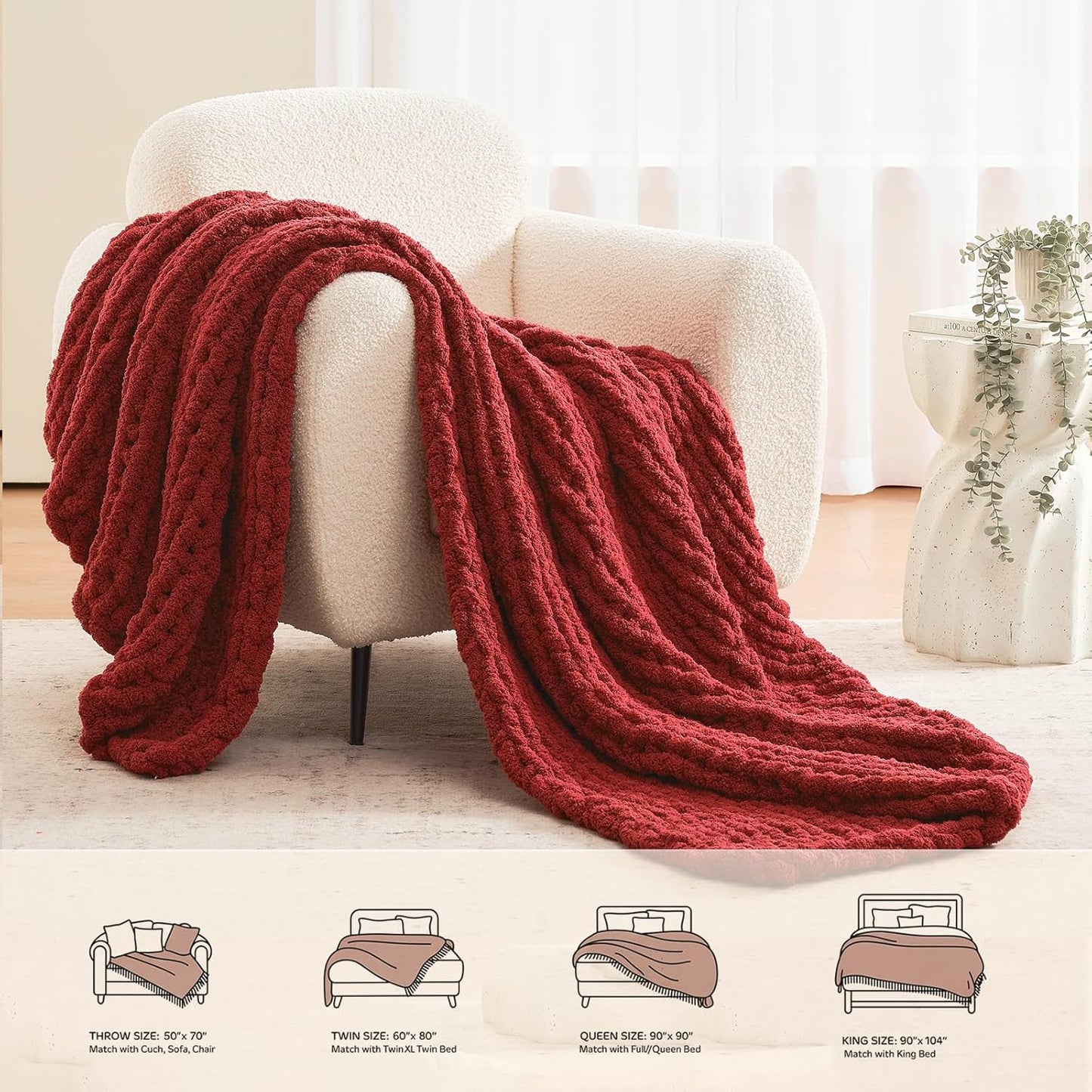 L'AGRATY Chunky Knit Blanket Throw: 60''x80'' Chenille Chunky Knitted Throw Blankets for Twin Bed Couch - Handmade Thick Cable Knit Blanket - Large Crochet Rope Blankets for Home Decor(Maroon Red)