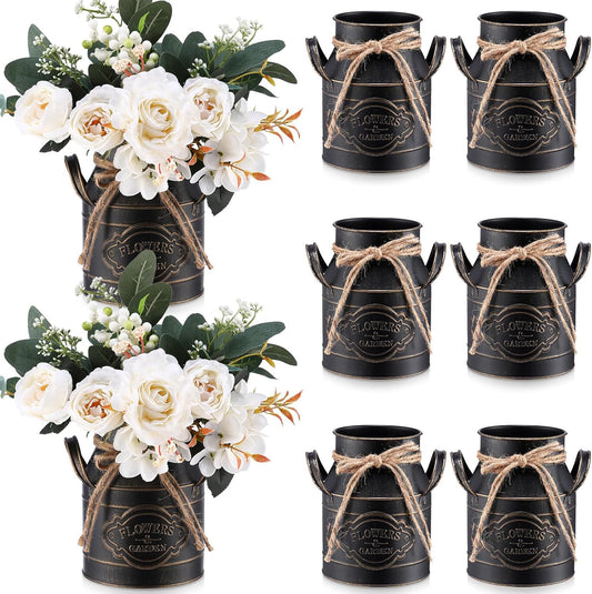 6 Inch Farmhouse Vase Decor Milk Can Vintage Flower Jug Galvanized Metal Vase with Handle Rustic Flower Buckets for Thanksgiving Christmas Table Centerpiece Weddings Gifts(Black,8 Pcs)