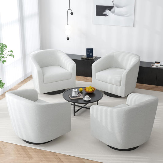 Swivel Barrel Accent Chair, Modern Round Chenille Fabric Arm Chair for Living Room, Bedroom, Comfy Club Reading Chairs for Adults（Chenille Fabric, Beige, Set of 4