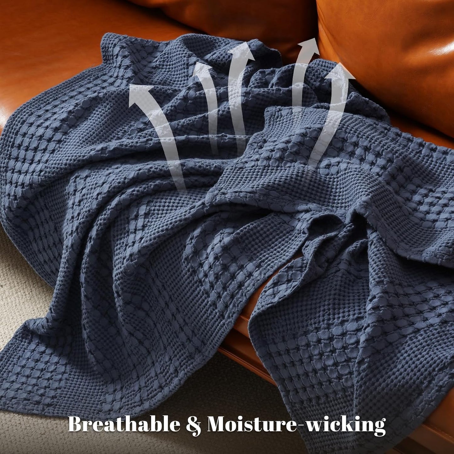 PHF 100% Cotton Waffle Weave Blanket King Size, Soft Lightweight Breathable Cozy Summer Blankets for Bed, Luxury Aesthetic Woven Bedding for Home Decor, 108"x90", Dark Navy