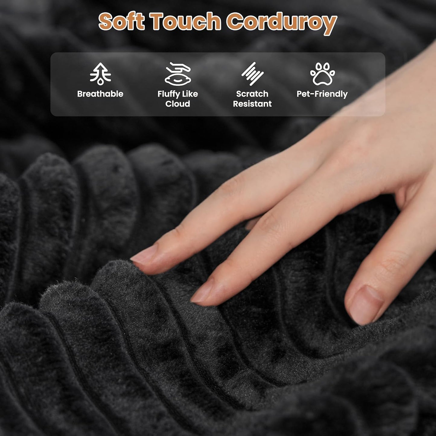 ovios Sectional Sofa Couch with L-Shape Chaise Convertible, Comfy Modular Cloud Couches with Deep Seat, Modern Upholstered Plush Corduroy Sofas Set for Living Room, 5-Seater, Black