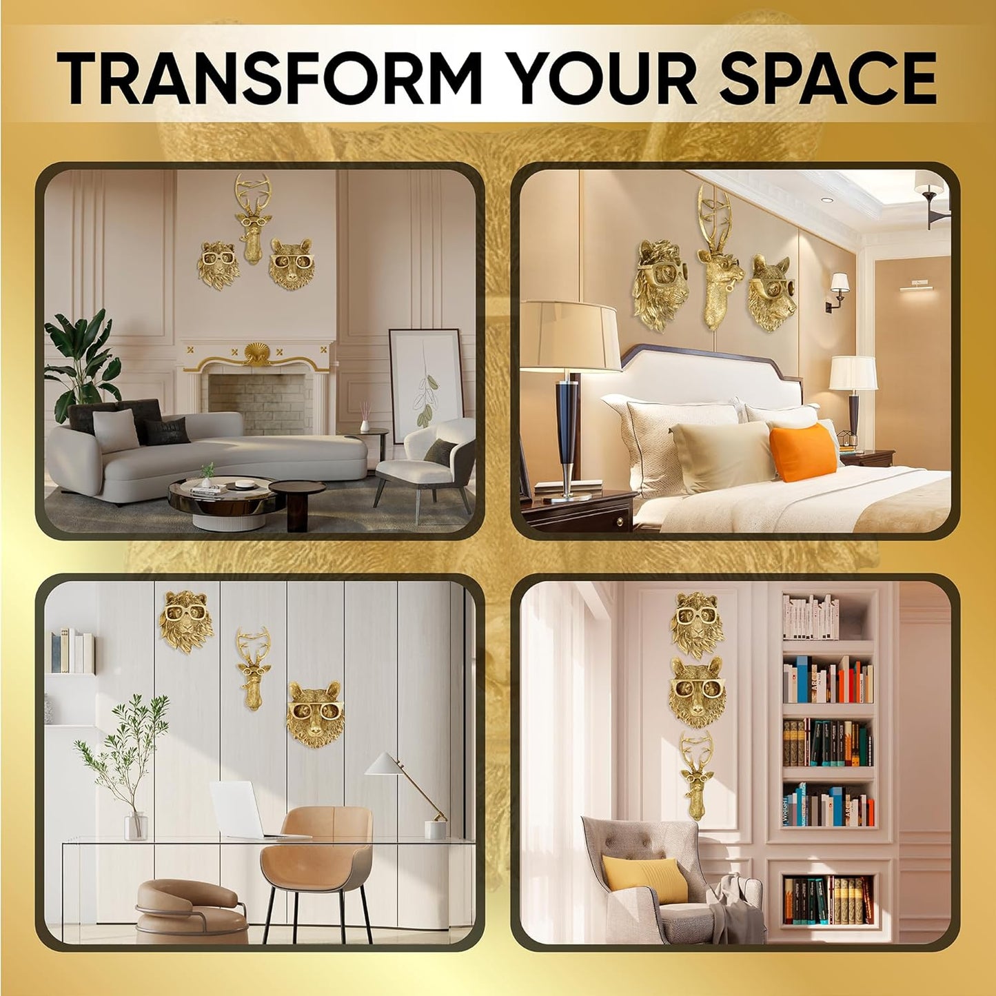 Luxicoze Gold 3pcs Animal Heads Wall Decor - Victorian-Style Lion Head, Bear Head, and Deer Head Wall Mount Decor, Adorned with Spectacles, Resin Home Decor Sculptures for Artistic Living Rooms, Animal Statue.