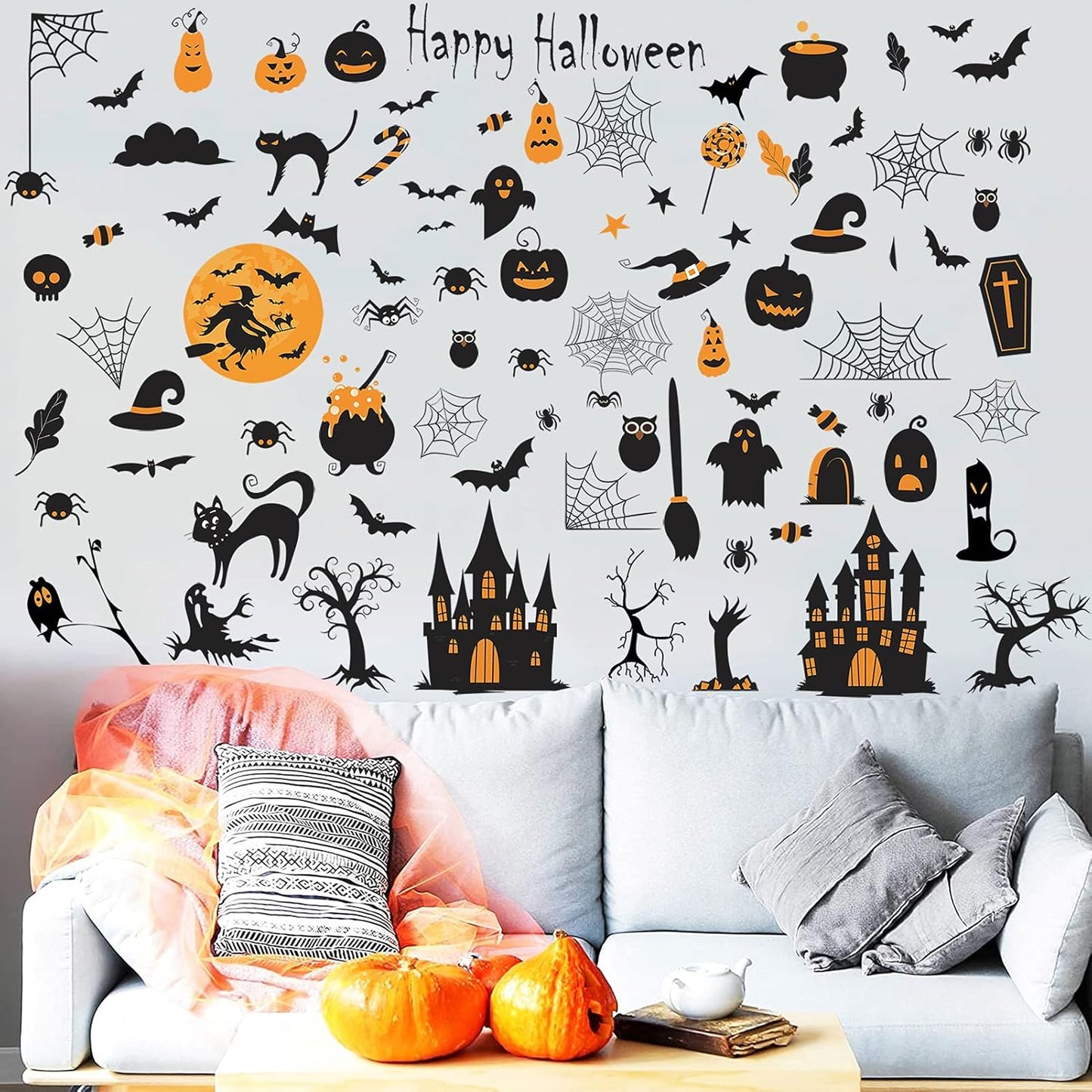 84 PCS Window Clings - Halloween Wall Stickers for Living Room, Pumpkins, Castles, Bats, Cats, Vampire, Witch Stickers, Household Decorative Murals, Party Supplies
