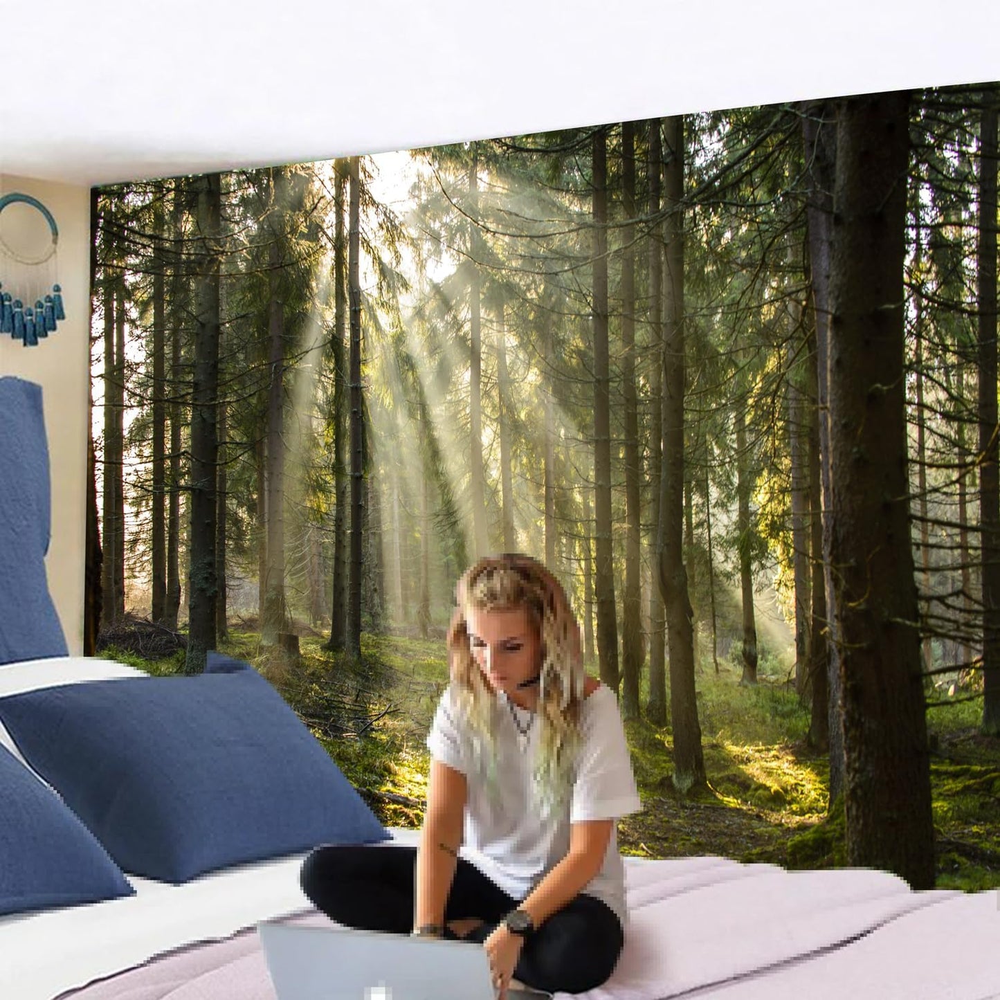 Onivein Forest Tapestry Nature Sunlight Streaming Through Green Trees Wall Hanging for Bedroom Living Room Office Decor 60 x 40 Inches