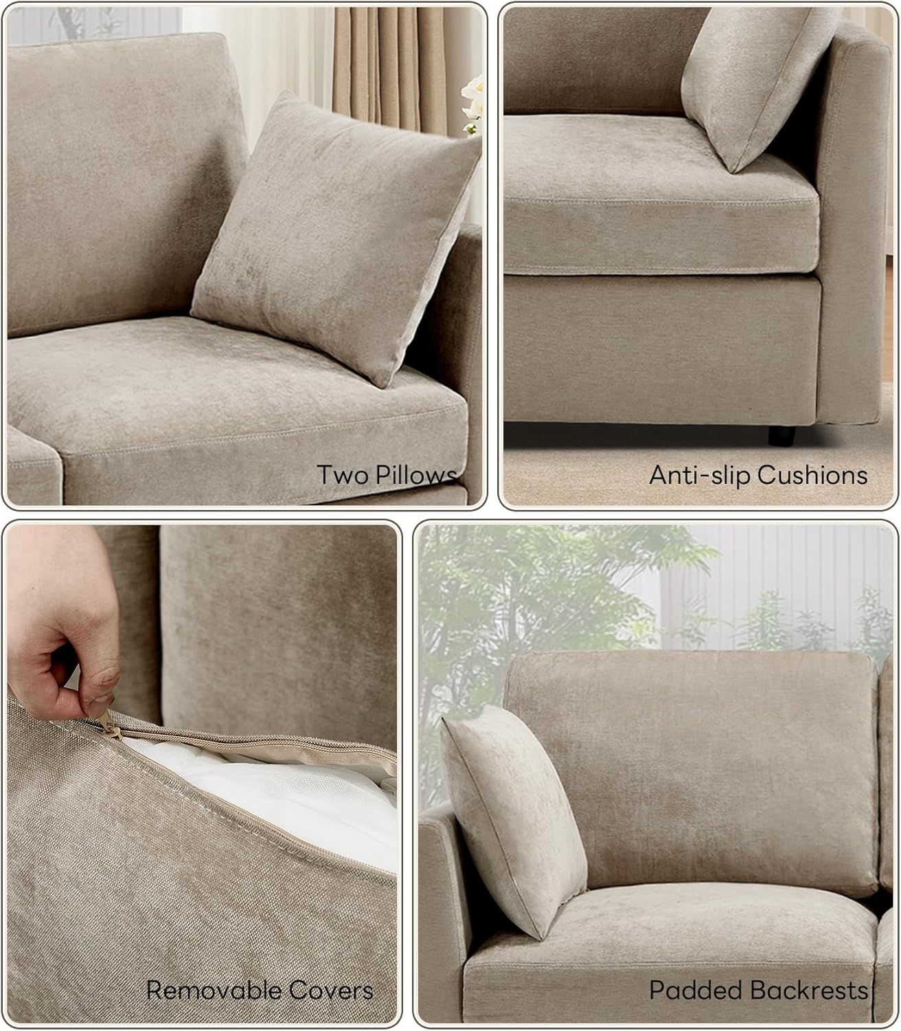 Tbfit U Shaped Couch 8 Seat, Sectional Sofa for Living Room,Chenille Cloud Couch with Ottoman, Khaki