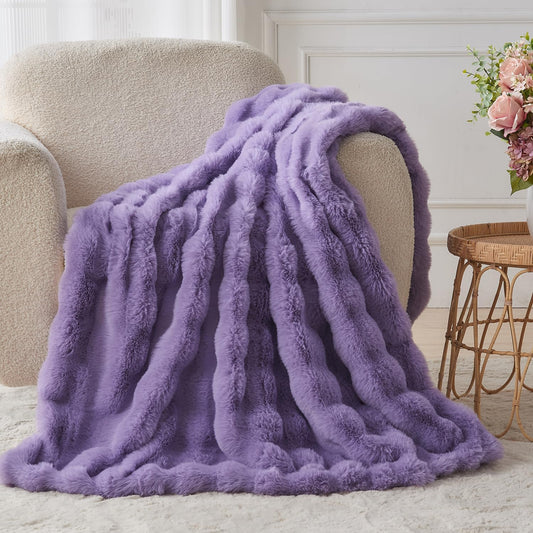 Lotus Karen Faux Fur Throw Blanket Purple - Big Bubble Rabbit Fluff Blanket for Couch Bed Sofa,Softest Fluffy Fuzzy Cozy Blanket,Thick Furry Plush Shaggy Warm Blankets for Women,60x80 Inches