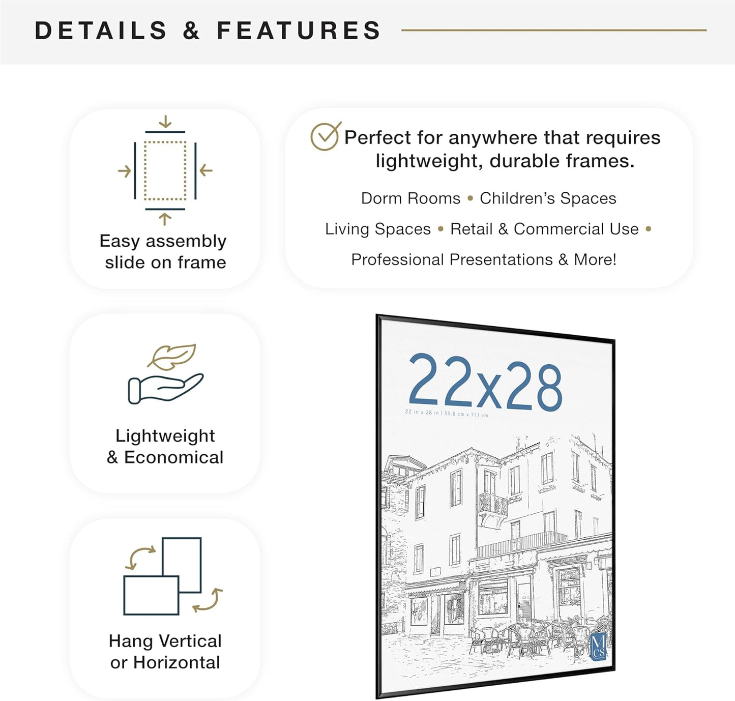 MCS Original Poster Frame 22x28 Black Lightweight Vertical & Horizontal Wall Hanging Large Picture Frame for Posters, Art Prints & Gallery Wall (2-Pack)