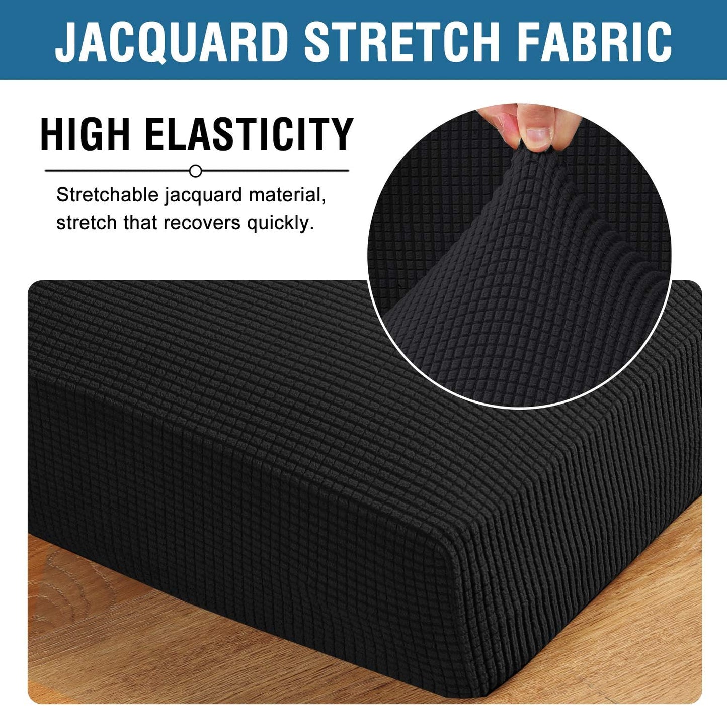H.VERSAILTEX Super Stretch Individual Seat Cushion Covers Sofa Covers Couch Cushion Covers Slipcover Sets Thick Jacquard Textured Twill Fabric (2 Piece Medium Sofa Cushion Covers, Black)