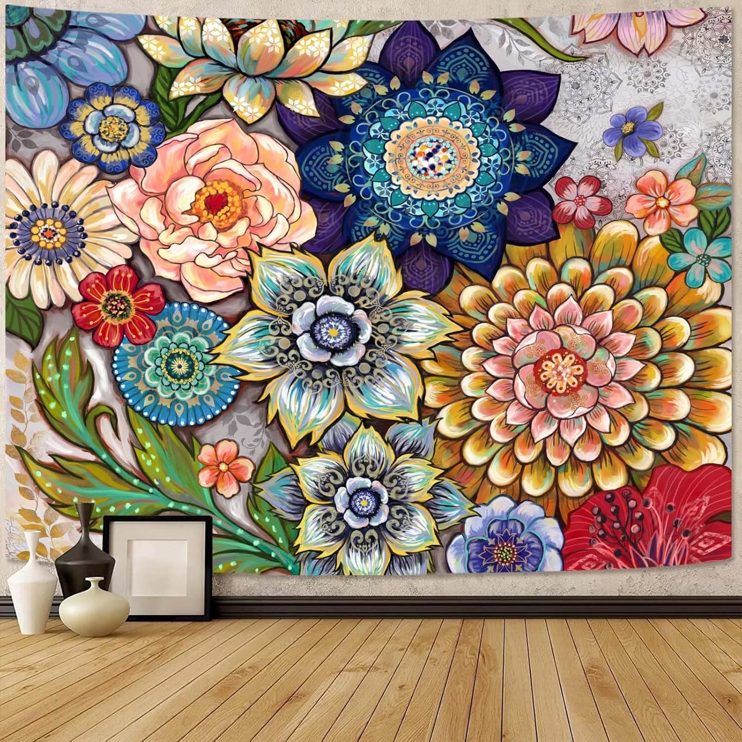 Neasow Colorful Floral Tapestry Wall hanging, Bright Boho Fabric Blossom Tapestries, Multi Color Tapestry for Bedroom Home Hippie Wall Decor 36×48 inch