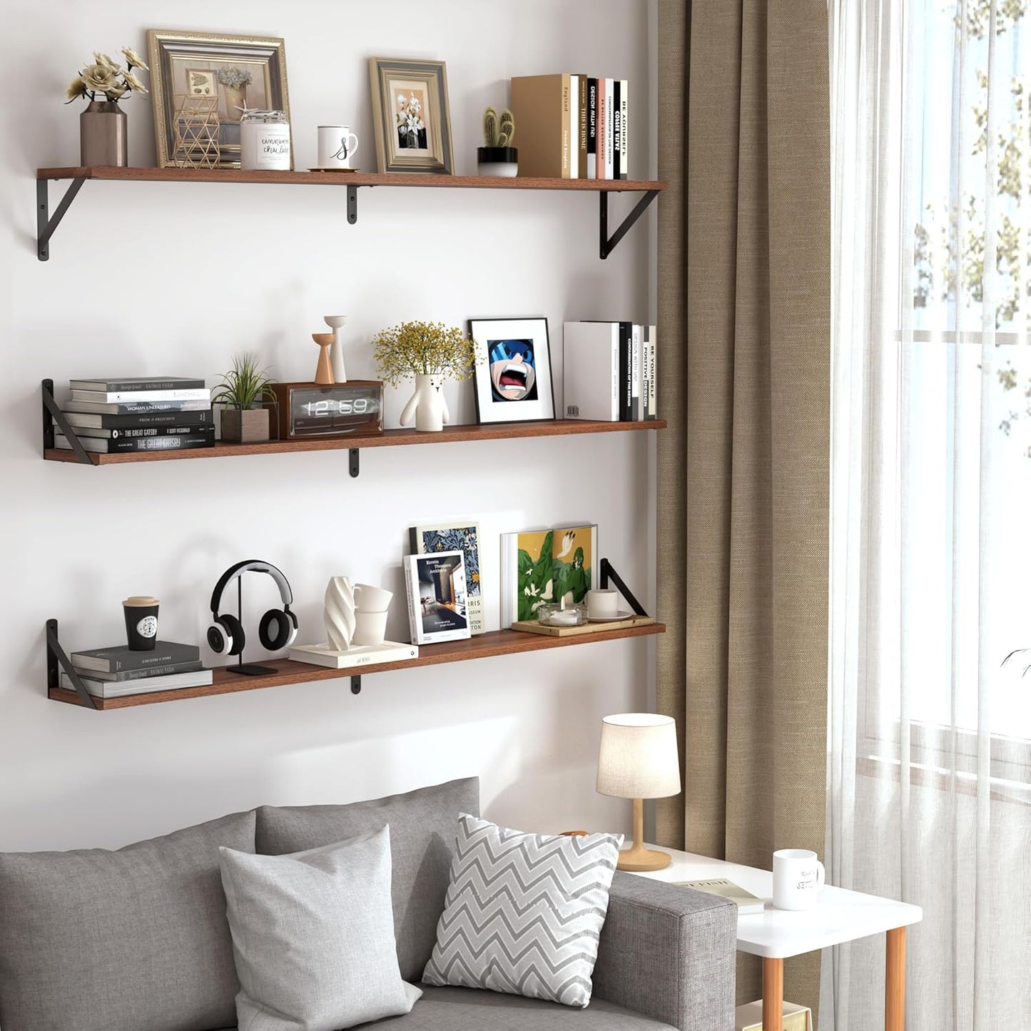 Heimlove 48 Inch Large Wall Bookshelves Set of 3, Wall Mounted Bookshelves,Heavy Duty Wooden Shelves for Living Room,Bedroom,Kitchen,Laundry Room Storage & Decor