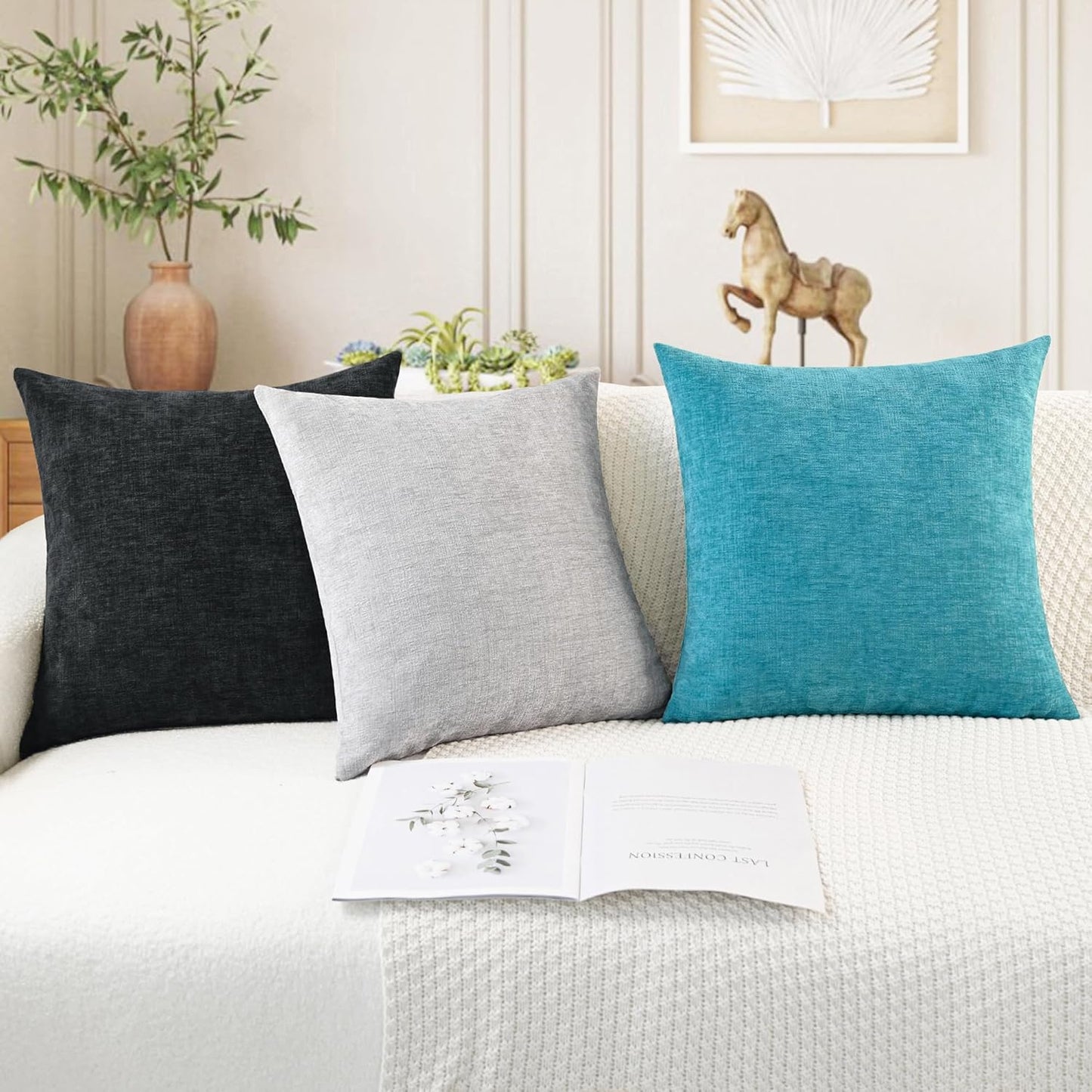 CaliTime Throw Pillow Covers Decorative 16 X 16 Inches Pack of 2 Cozy Chenille Cushion Cases for Couch Sofa Bed Living Room Home Lake Blue